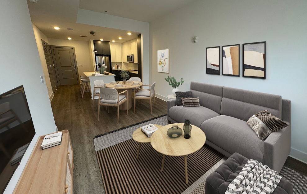 A3 - 1 bedroom floorplan layout with 1 bath and 783 square feet. (Living Room and Kitchen)